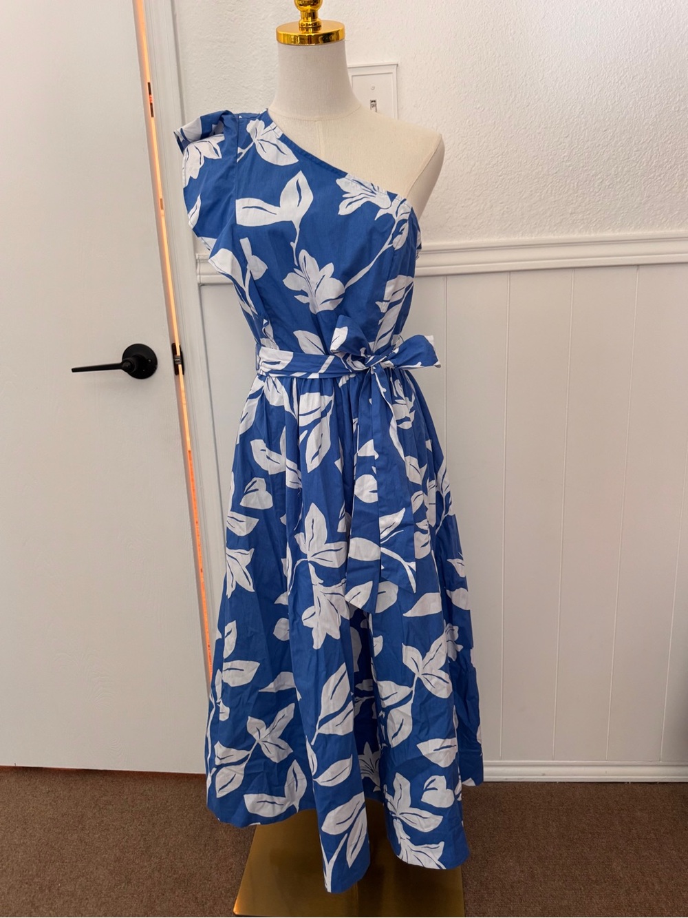 J. Crew Blue One-Shoulder Floral Midi Dress with Self-Tie Waist